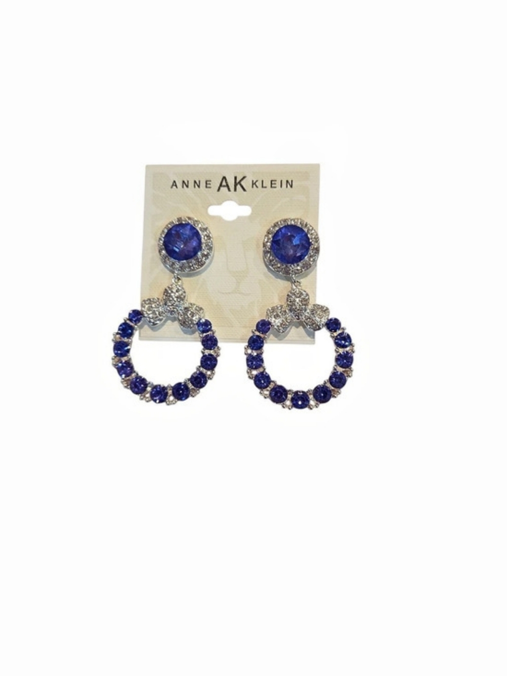 Anne Klein Women Blue & Silver Rhinestone Hoop Drop Earrings With Bow Tie NWT